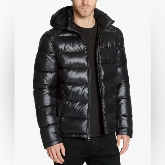 Guess Men's Hooded Puffer Jacket Size XXL 2XL Glossy Mid-Weight Zip Pockets NWOT - Picture 1 of 13